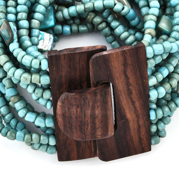 Jeweled Turquoise Seed Bead Necklace Bracelet Wooden Bead Necklace Multi Strand - Picture 5 of 8